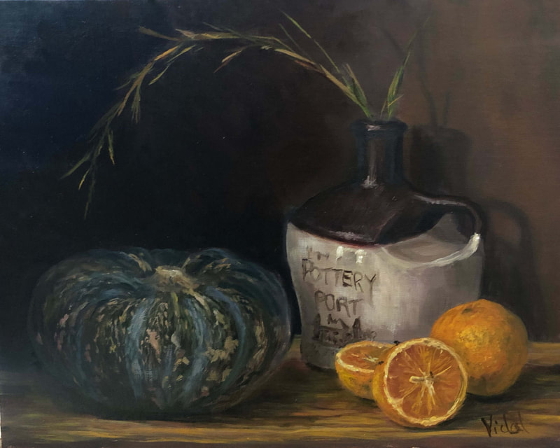 oil painting still life Pumpkin, oranges and pottery