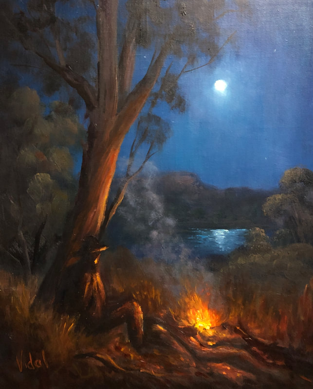 Near the fire in the silence of the night oil on linen by Vidal