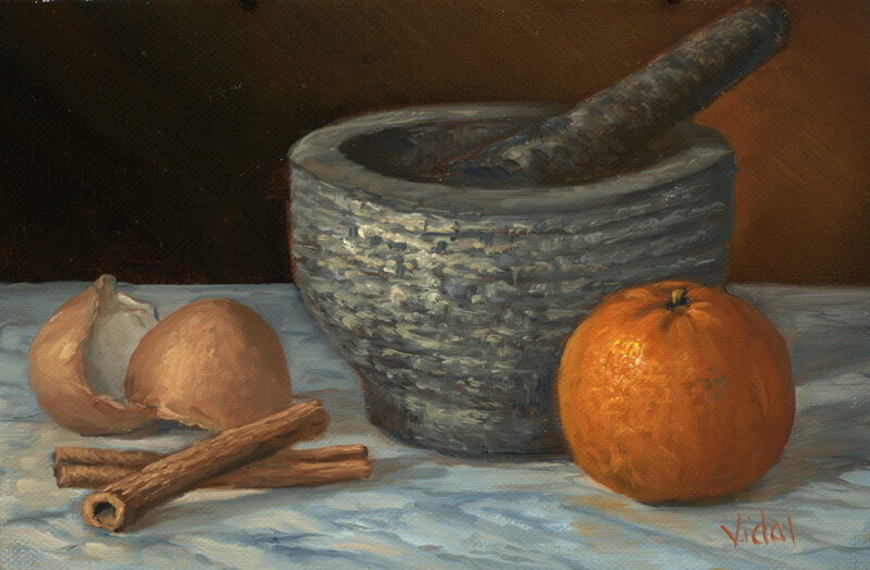 Pestle and mortar, orange, cinnamon and egg shell still life oil painting