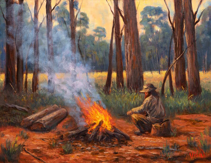 Oil painting figurative by Vidal Near the Campfire