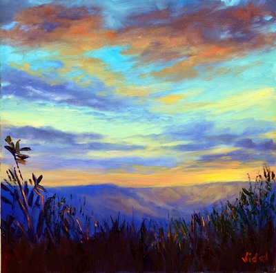 Original oil painting Australian landscape Sunset on Blue Mountains